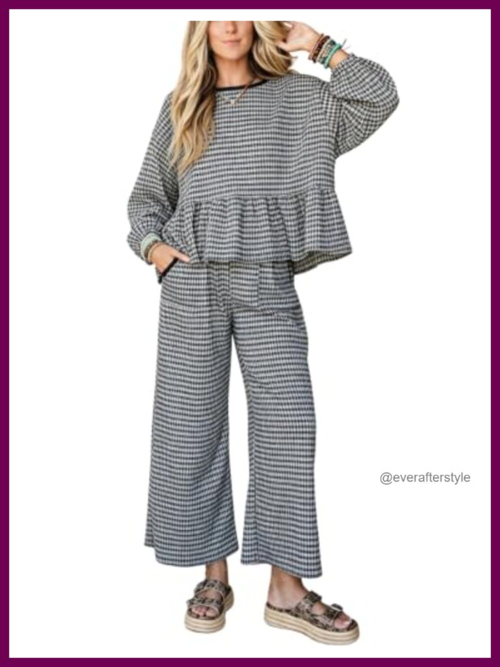Womens Gingham 2 Piece Lounge Set Peplum Top Wide Leg Pants Casual
